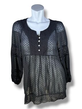 DR 2 Black Semi-Sheer Dot-Texture Boho Crochet Trim Accent Blouse in Size Large